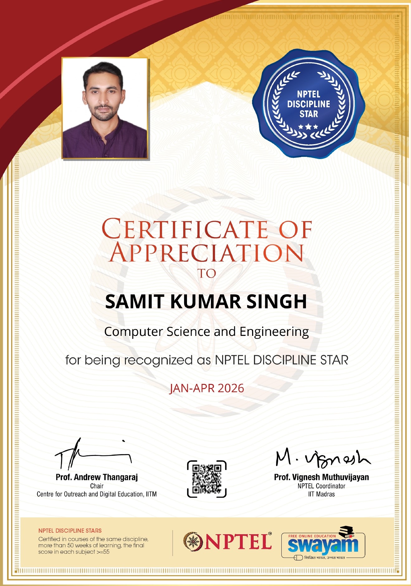 NPTEL Discipline Star Certificate